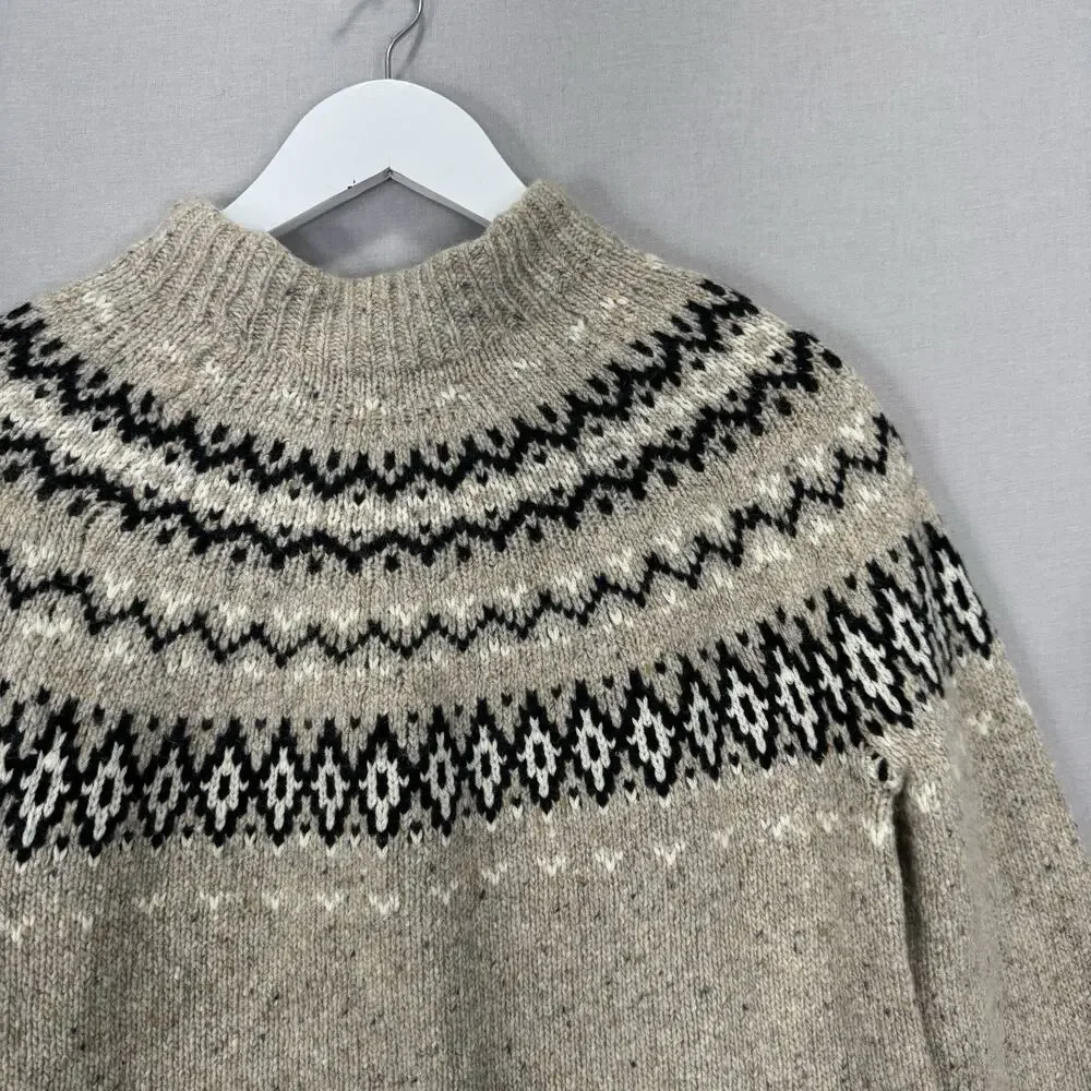 J.Crew Fair Isle Wide Mockneck Sweater Womens Small Beige Wool Blend Nordic Boho